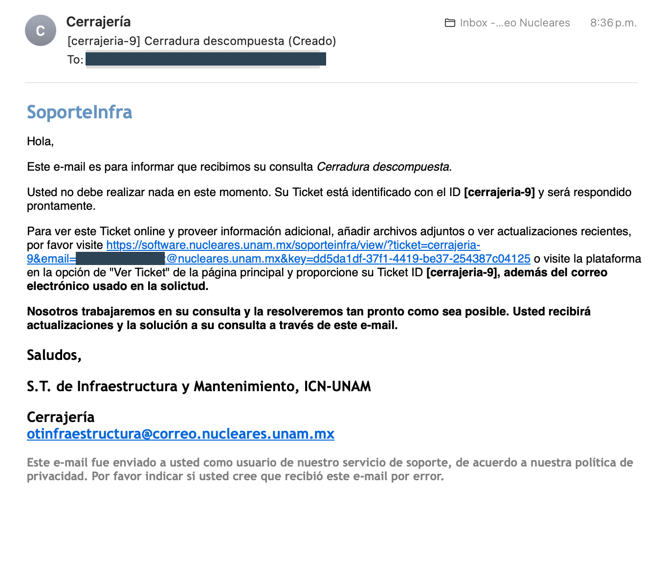 Correo de confirmación de una solicitud Formulario