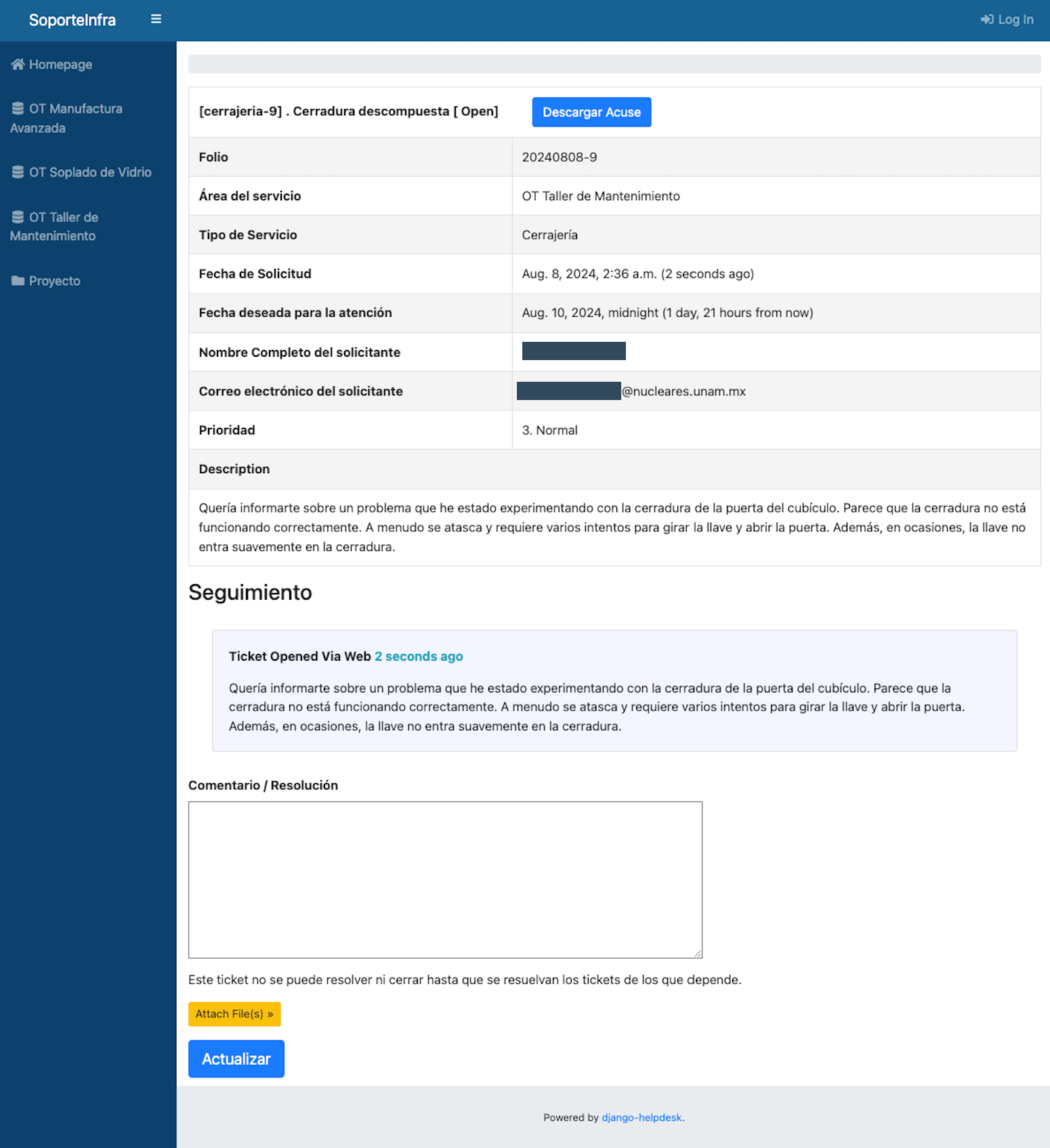 Pantalla de confirmación de solicitud Formulario